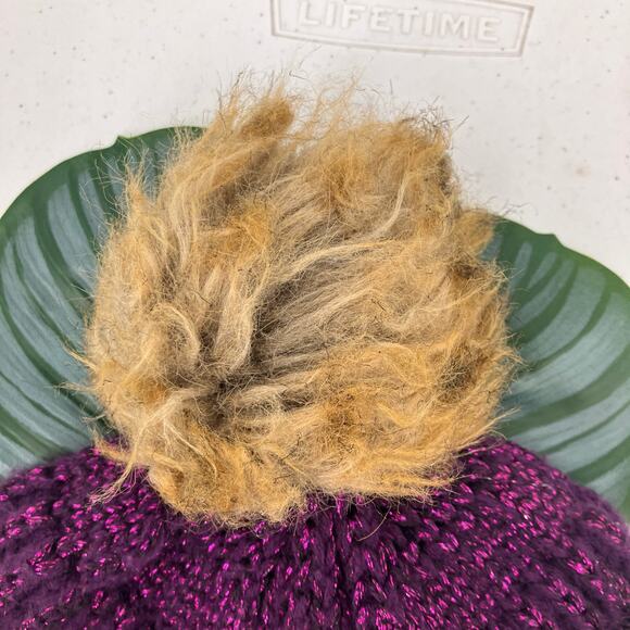 C.C Exclusives Purple Tan Metallic Cable Knit Faux Fur Pom One Size Beanie Hat - Picture 5 of 7